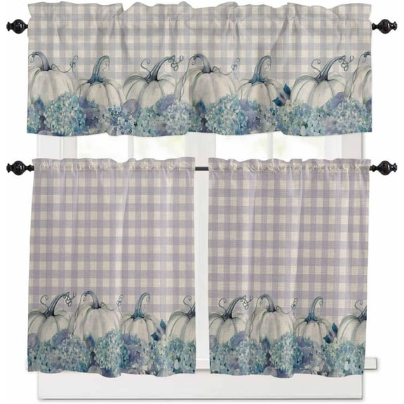 Fall White Pumpkin Kitchen Curtains and Valances Set, Rod Pocket Curtains Tier Farmhouse Window Curtains 24 Inch Length, Thanksgiving Vintage Flowers Purple Check 3 Piece Kitchen Curtains Set