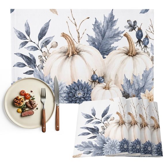 Fall White Pumpkin Placemats Set of 2, Thanksgiving Blue Eucalyptus Autumn Plants Washable Wipeable Table Mats for Dining Tables, Indoor Outdoor Kitchen Place Mats for Holiday Party Table Decor