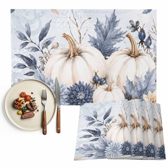 Fall White Pumpkin Placemats Set of 4, Autumn Thanksgiving Blue Eucalyptus Washable Wipeable Table Mats for Dining Tables, Indoor Outdoor Kitchen Place Mats for Holiday Party Table Decor