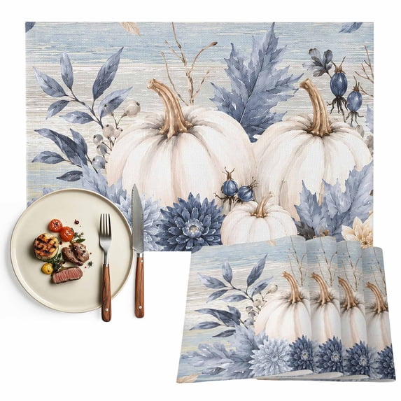 Fall White Pumpkin Placemats Set of 6, Autumn Thanksgiving Blue Leaves Farmhouse Washable Wipeable Table Mats for Dining Tables, Indoor Outdoor Kitchen Place Mats for Holiday Party Table Decor