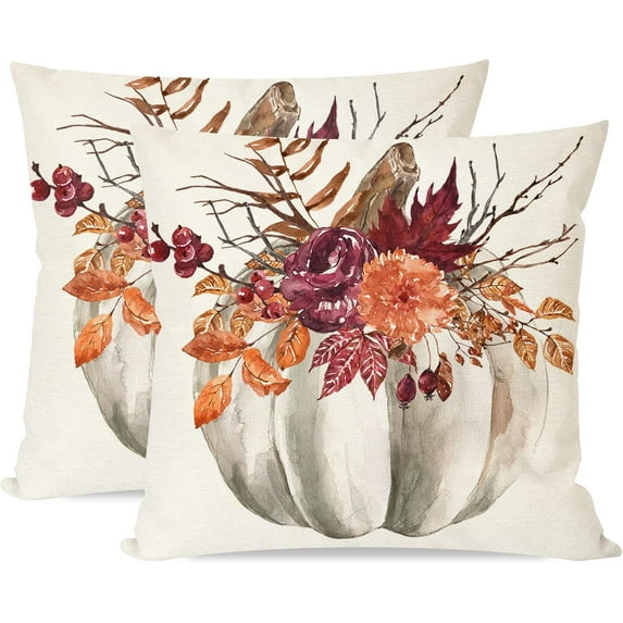 Fall White Pumpkin Throw Pillow Covers 18x18 Inch Set of 2 Burgundy Floral Maple Leaves Outdoor Farmhouse Cottage Autumn Decorations Decorative Throw Pillows Cases for Home Living Room Decor