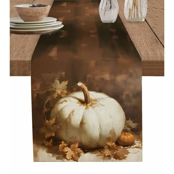 Fall White Pumpkins Burlap-Cotton Table Runner 36 Inches Long,Vintage Watercolor Maple Leaf Farmhouse Table Runners,Outdoor Dining Tablecloths Decor for Baby Shower Party Wedding 13x36