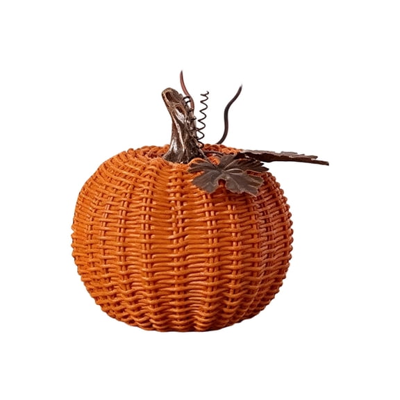 Fall Wicker Pumpkin Decor - Rustic Rattan Woven Autumn Decoration with Metal Leaf for Thanksgiving Halloween Home Tabletop Centerpiece Rattan Wicker Fall Decorations for Fireplace Mantle Table
