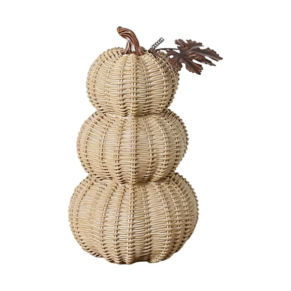 Fall Wicker Pumpkin Decor - Rustic Rattan Woven Autumn Decoration with Metal Leaf for Thanksgiving Halloween Home Tabletop Centerpiece Rattan Wicker Fall Decorations for Fireplace Mantle Table