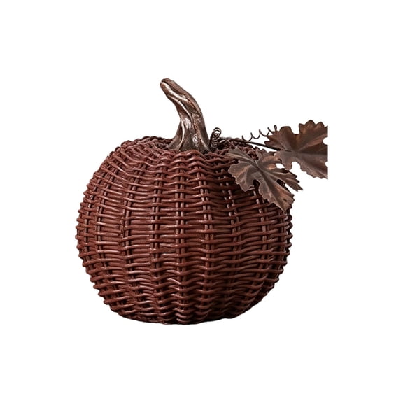 Fall Wicker Pumpkin Decor - Rustic Rattan Woven Autumn Decoration with Metal Leaf for Thanksgiving Halloween Home Tabletop Centerpiece Rattan Wicker Fall Decorations for Fireplace Mantle Table