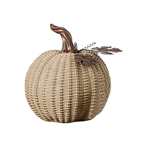 Fall Wicker Pumpkin Decor - Rustic Rattan Woven Autumn Decoration with Metal Leaf for Thanksgiving Halloween Home Tabletop Centerpiece Rattan Wicker Fall Decorations for Fireplace Mantle Table
