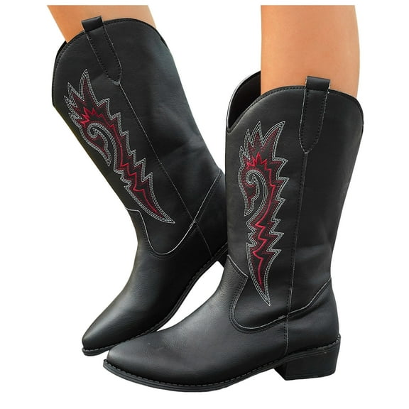 Fall Wide Calf Cowboy Boots for Women Vintage Leather Pointed Toe Low Heel Embroidered Western Cowgirl Riding Boots