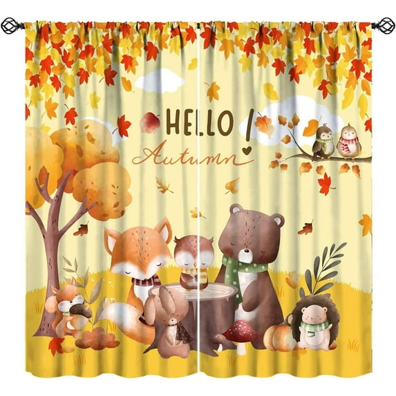 Fall Wild Animals Blackout Curtain,for Kids Watercolor Fox Bear Hedgehog Squirrel Autumn Leaves Decorative Pattern 2 Panel Rod Pocket Window Drapes for Nursery Bedroom Kids Room Decor 27.5"W X 39"L