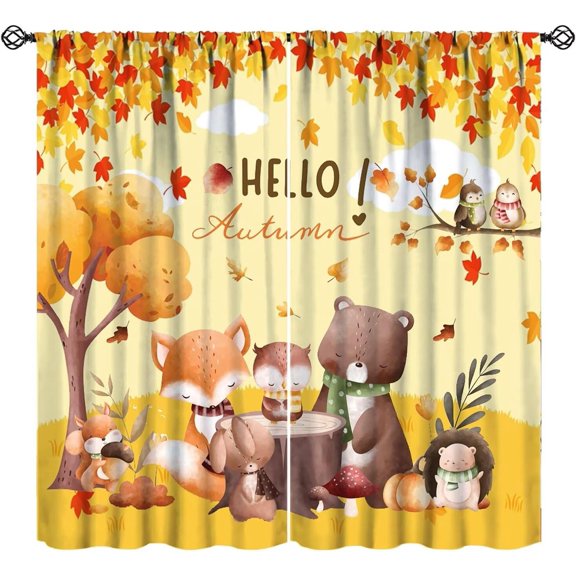 Fall Wild Animals Blackout Curtain,for Kids Watercolor Fox Bear Hedgehog Squirrel Autumn Leaves Decorative Pattern 2 Panel Rod Pocket Window Drapes for Nursery Bedroom Kids Room Decor 42"W X 63"L