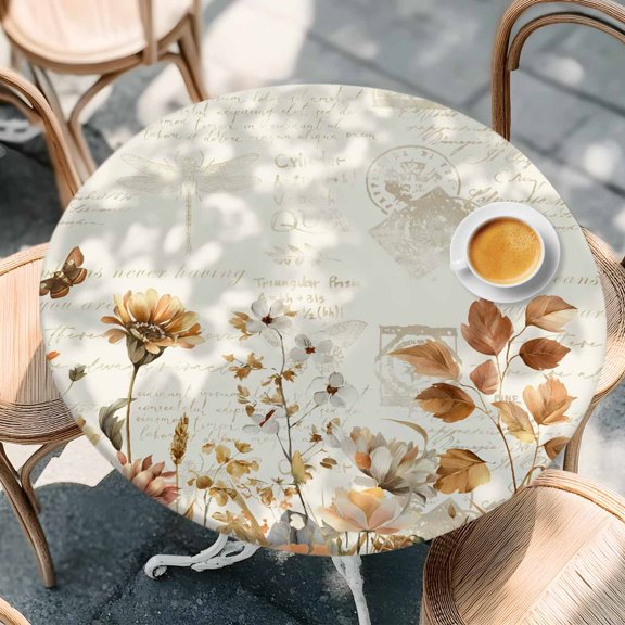 Fall Wildflower Country Leaves Round Fitted Tablecloth with Elastic Edge,Waterproof Table Cloth Fits Tables Up to 36"-44",Washable Table Cover for Indoor Outdoor,Pastoral Mushroom Retro Letter