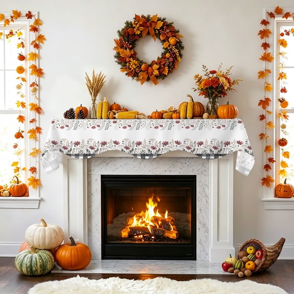 Fall Wildflower Fireplace Mantel Scarf, Watercolor Leaf Floral Mantel Scarf Scarves Fireplace Top Runner Cover for Holiday Party Home Decorations 60x17in