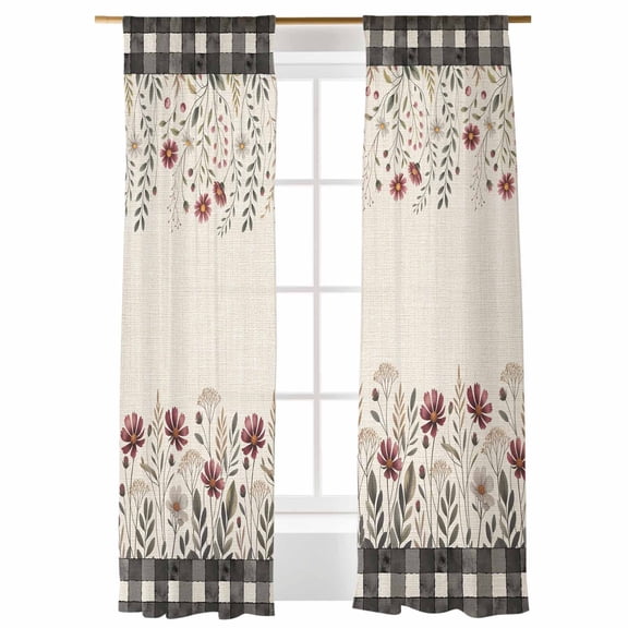 Fall Wildflower Sheer Curtains 84 inches Long, Watercolor Leaf Floral Black Plaid Linen Light Filtering Sheer Window Curtains Rod Pocket Voile Drapes for Bedroom Living Room, 52"W x 84"L 2 Panels