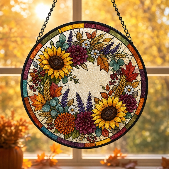Fall Wildflower Stained Glass Suncatcher, Autumn Wreath Window Hanging Gift