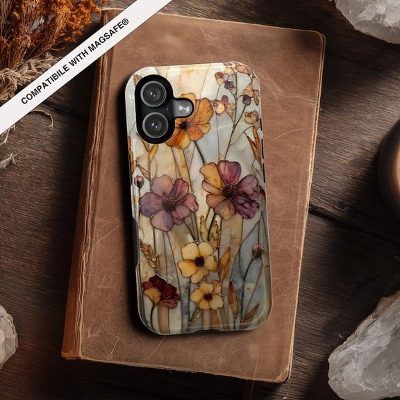 Fall Wildflowers MagSafe® Compatible Tough Phone Case, Rustic Floral Stained Glass PRINTED Design, Protective Covers iPhone 17 16 15 14 13