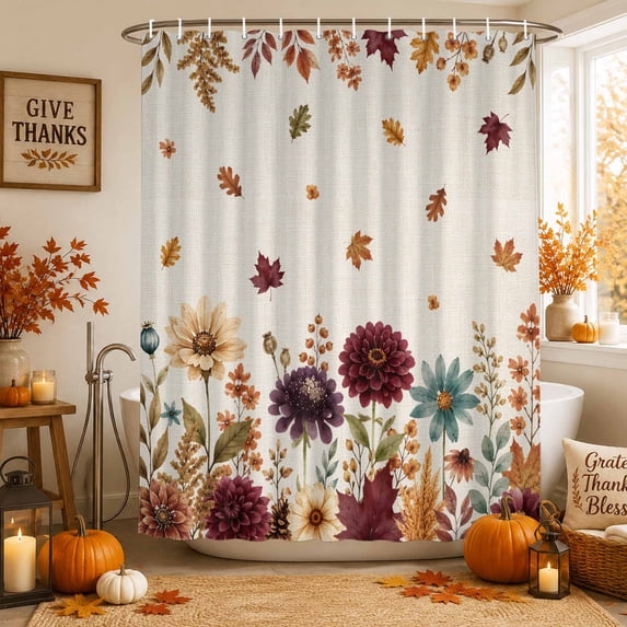 Fall Wildflowers Shower Curtains for Bathroom, Thanksgiving Maples Leaf Floral Farmhouse Waterproof Fabric Shower Curtain, Decorative Bathroom Curtain for Bathtub, 72"x84", No Hooks Included