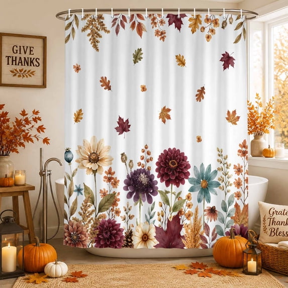 Fall Wildflowers Shower Curtains for Bathroom, Thanksgiving Maples Leaves Autumn Flowers Waterproof Fabric Shower Curtain, Decorative Bathroom Curtain for Bathtub, 72"x72", No Hooks Included