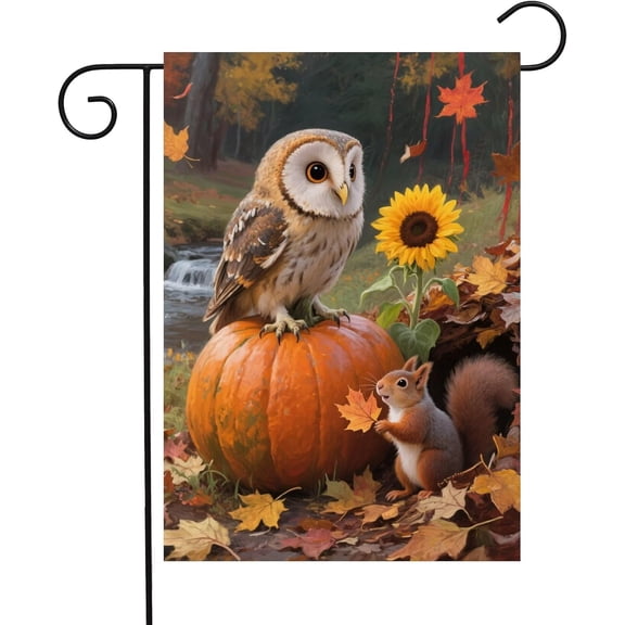 Fall Wildlife Garden Flag Owl Squirrel Maple Leaves 12 x 18 Inch Double Sided Polyester Welcome Home Decor