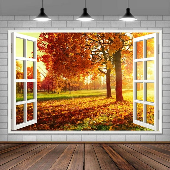 Fall Window Backdrop Autumn Landscape Forest Photography Background Fall Garden Photoshoot Season Natural Scenery Banner Decoration Fall Thankgiving Party Supplies Photo Studio Booth Props 9X6FT