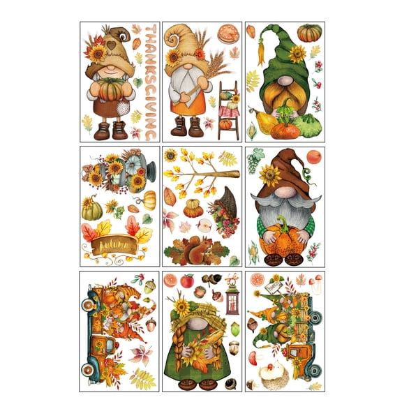 Fall Window Clings 9-Piece Thanksgiving Day Dolls Sticker Set for Home Festival Window Wall Door Decoration