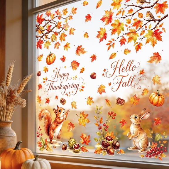 Fall Window Clings Decor Autumn Static Stickers Double Sided Maple Leaf Pumpkin Sunflower for Glass Doors Windows Thanksgiving Party Home Indoor Outdoor Seasonal Decoration Accessories,M