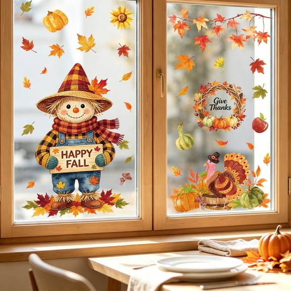 Fall Window Clings Decor Double Sided Autumn Stickers with Pumpkin Maple Leaf Sunflower Static Glass Decals for Home Thanksgiving Party Indoor Outdoor Decoration,H