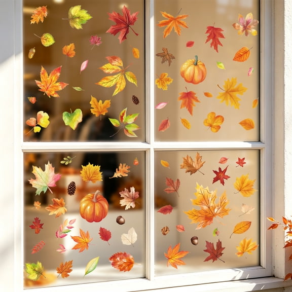 Fall Window Clings Decor Reusable Static Cling Autumn Thanksgiving Stickers for Glass Windows Leaf Pumpkin Decals for Home Office Classroom Party Holiday Seasonal Indoor Decoration,F