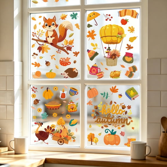 Fall Window Clings Decor Reusable Static Cling Autumn Thanksgiving Stickers for Glass Windows Leaf Pumpkin Decals for Home Office Classroom Store Indoor Party Holiday Seasonal Decoration,G