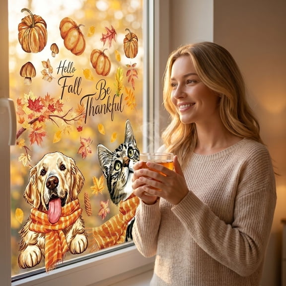Fall Window Clings, Fall Leaves Wall Stickers & Watercolor Cats, Dogs, Pumpkin Autumn Window Clings Set, Peel and Stick Removable Falls Wall Stickers Decals for Home, Living Room Glass Door Halloween