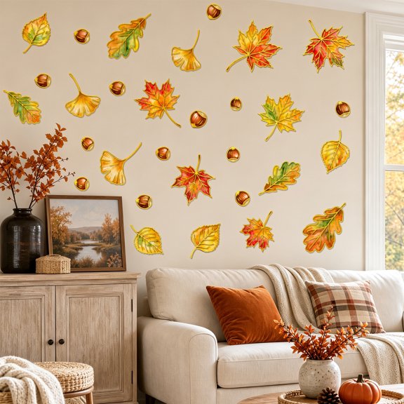 Fall Window Clings for Glass Windows,Hot Stamped Color Leaf Wall Decals, Reusable Polyester Stickers for Indoor Wall Ornament & Mixed Media Art Projects