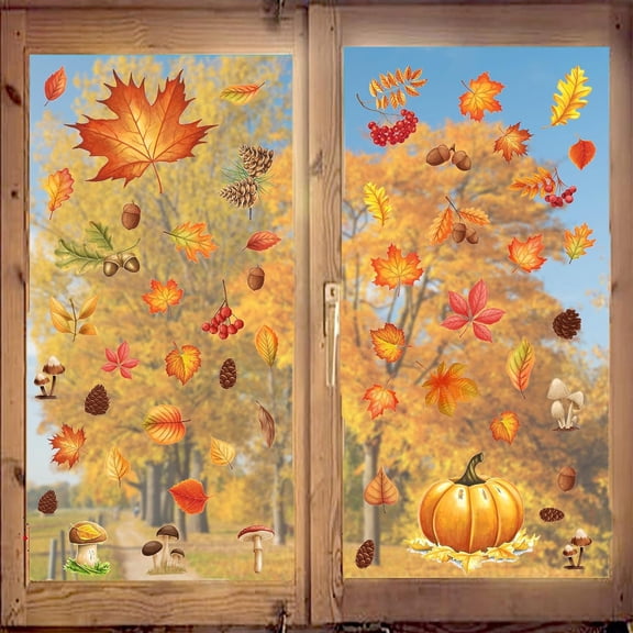 Fall Window Clings for Glass Windows Thanksgiving, 71pcs Autumn Window Clings Maple Leaf Pumpkin Nuts Window Stickers Decals Decor, 7 Sheets Fall Decorations for Classroom Office Home Clearance