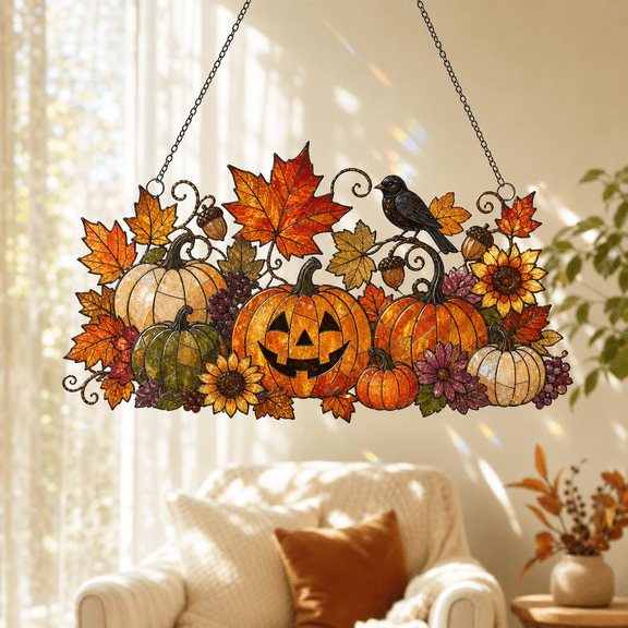 Fall Window Decor Suncatcher Acrylic Window Hanging with Pumpkins for Halloween