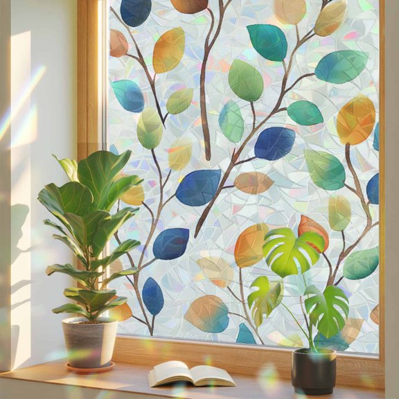 Fall Window Privacy Film Color Leaves Stained Glass Window Film Watercolor Green Leaf Branch Plant Thanksgiving Rainbow Static Window Clings for Glass Windows Bathroom Living Room Door 17.7"x39.3"