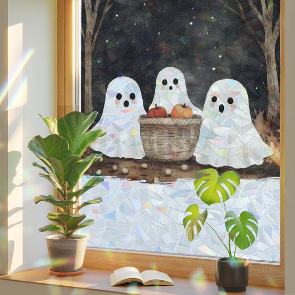 Fall Window Privacy Film Cute Spooky Stained Glass Window Film Maple Leaves Ghosts Horror Night Thanksgiving Rainbow Static Window Clings for Glass Windows Bathroom Living Room Door 17.7"x39.3"