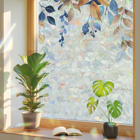Fall Window Privacy Film Eucalyptus Leaves Stained Glass Window Film Watercolor Plant Floral Retro Thanksgiving Rainbow Static Window Clings for Glass Windows Bathroom Living Room Door 17.7"x39.3"