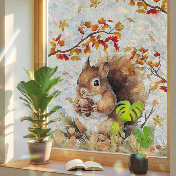 Fall Window Privacy Film Maple Leaf Tree Branch Stained Glass Window Film Cute Squirrel Pine Cone Thanksgiving Rainbow Static Window Clings for Glass Windows Bathroom Living Room Door 17.7"x39.3"