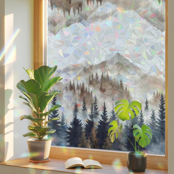 Fall Window Privacy Film Misty Mountain Peak Stained Glass Window Film Forest Landscape Thanksgiving Rainbow Static Window Clings for Glass Windows Bathroom Living Room Door Sticker 17.7"x39.3"