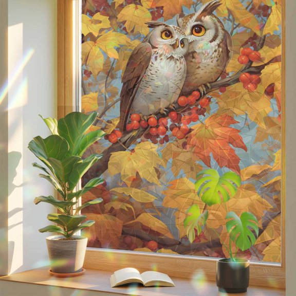 Fall Window Privacy Film Owls Standard in the Branch Stained Glass Window Film Maple Leaves Berry Thanksgiving Rainbow Static Window Clings for Glass Windows Bathroom Living Room Door 35.4x78.7"