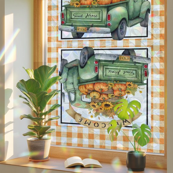 Fall Window Privacy Film Pumpkin Truck Plant Stained Glass Window Film Floral Leaves Buffalo Plaid Thanksgiving Rainbow Static Window Clings for Glass Windows Bathroom Living Room Door 35.4x78.7"