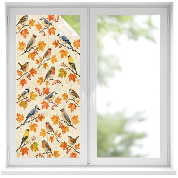 Fall Window Privacy Film, Rustic Blue Jays Red Robins Yellow Finches Bird Maple Leaves Frosted Glass Window Clings Static Cling UV Heat Blocking Reusable Door Sticker for Bathroom 19.6 x 39.3 Inch