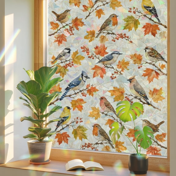 Fall Window Privacy Film, Rustic Blue Jays Red Robins Yellow Finches Bird Maple Leaves Stained Glass Holographic Film Decorative Window Clings, Static Cling Sun Blocking Stickers 17.7" x 39.3"