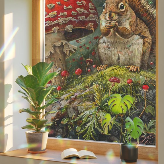 Fall Window Privacy Film Squirrel Mushroom Stained Glass Window Film Forest Nature Plant Thanksgiving Rainbow Static Window Clings for Glass Windows Bathroom Living Room Door Sticker 17.7"x39.3"
