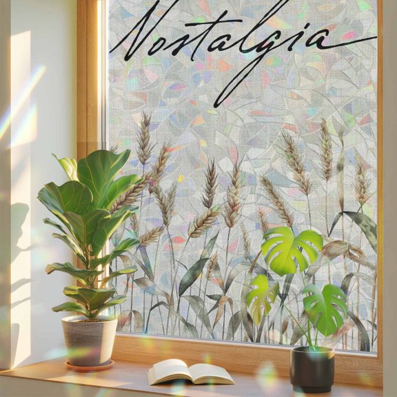 Fall Window Privacy Film Off White Wheat Stained Glass Window Film Autumn Plant Leaves Thanksgiving Rainbow Static Window Clings for Glass Windows Bathroom Living Room Glass Door Sticker 17.7"x39.3"