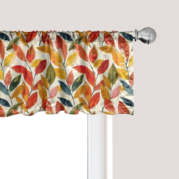 Fall Window Valance, Aquarelle Abstract Botanical Autumnal Theme Stained Paint Print, Curtain Valance for Kitchen Bedroom Decor with Rod Pocket, 54" X 12", Vermilion Marigold and Green