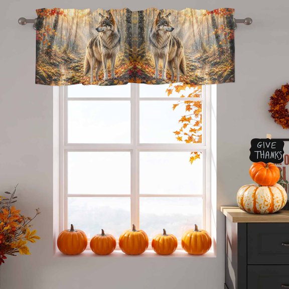 Fall Window Valance for Kitchen, Timber Wolf Orange Maple Leaf Forest Creek Sunbeam Rustic Rod Pocket Short Curtains for Bathroom Bedroom Small Window, Light Filtering Decorative Valances 42x12 Inch