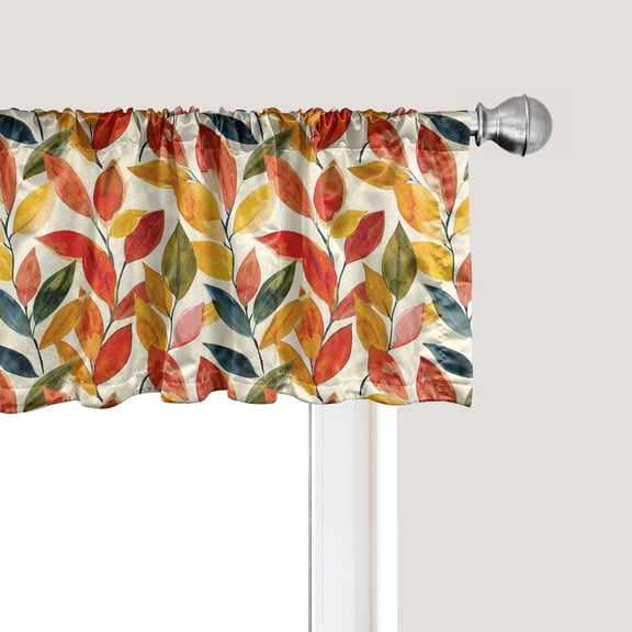 Fall Window Valance Pack of 2, Aquarelle Abstract Botanical Autumnal Theme Stained Paint Print, Rod Pocket Curtain Valances for Kitchen Bedroom, 54" X 12", Vermilion Marigold and Green