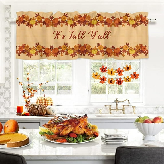 Fall Window Valance Rod Pocket Kitchen Curtain Short Panels, Farm Pumpkin Maple Leaf Valance Curtains, Watercolor Orange Window Treatments Drapes for Living Room Bedroom Thanksgiving Decor