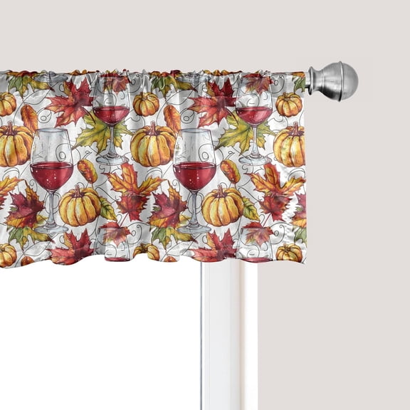 Fall Window Valance, Wine Glass Pumpkins Grape Leaves Monochrome Autumnal Theme Print, Curtain Valance for Kitchen Bedroom Decor with Rod Pocket, 54" X 12", Pale Maroon Apricot and Green