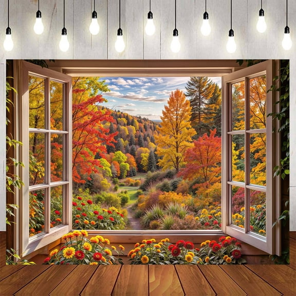 Fall Window View Backdrop Autumn Forest Landscape Photography Background for Thanksgiving Portrait, Wedding, Baby Shower, Birthday Party & Home Studio Decor 10X8ft