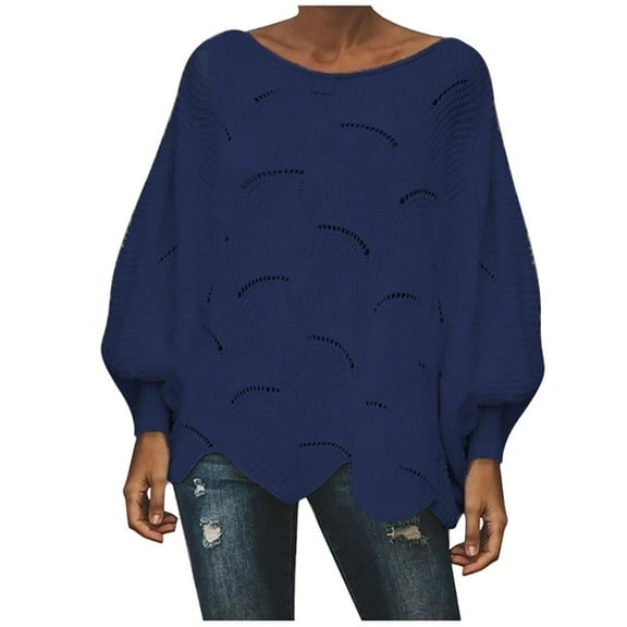 Fall Winte Sweaters for Women Fashion Hollow Out Loose Casual Hide Belly Fall Winter Pullover Sweater Knitting Jumper Solid Boat Neck Oversized Sweaters Long Sleeve Navy XXXXL