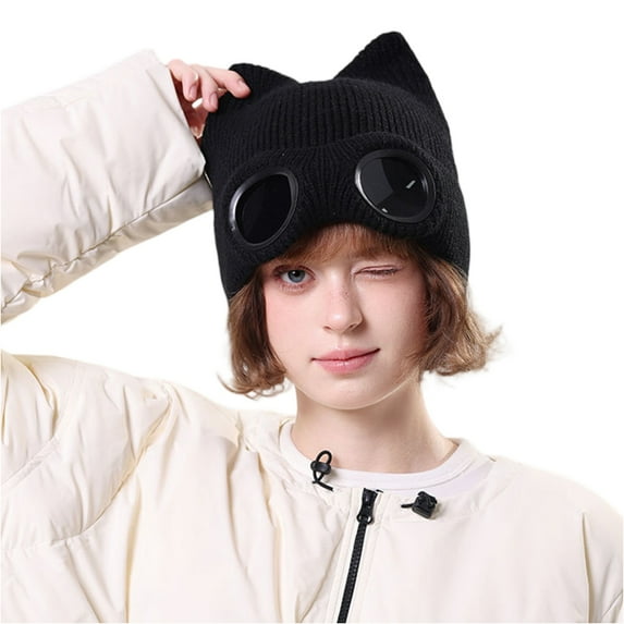 Fall Winter Beanies Skullies Knitted Hat Cute Cat Ear Hat Warm Solid Color For Women With Sunglasses Windproof Couples Cap Fashion Flying Ski Hats